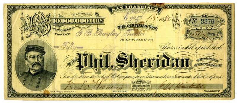 Phil Sheridan Gold and Silver Mining Co. 1880 Stock Certificate.
Virginia Minin...