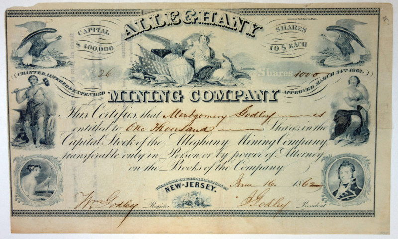 Alleghany Mining Co., 1862 I/U Stock Certificate.
New Jersey. 1,000 Shares Capi...