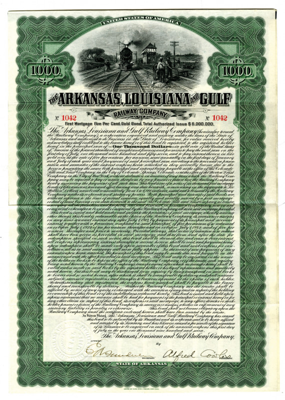 Arkansas, Louisiana and Gulf Railway Co., 1907 I/U Bond
Arkansas. $1000 Issued ...