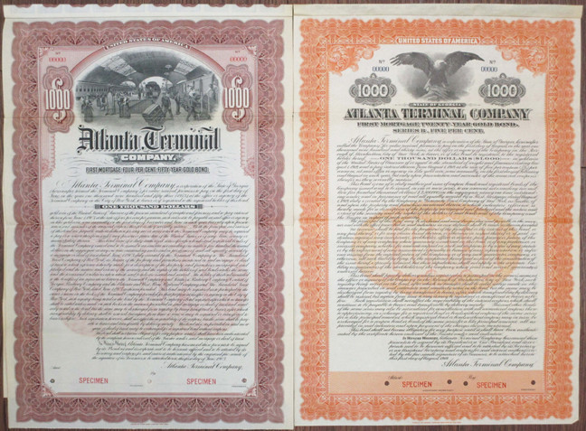 Atlanta Terminal Co., 1903 and 1913 Specimen Bond Pair
Georgia. Lot of 2 specim...