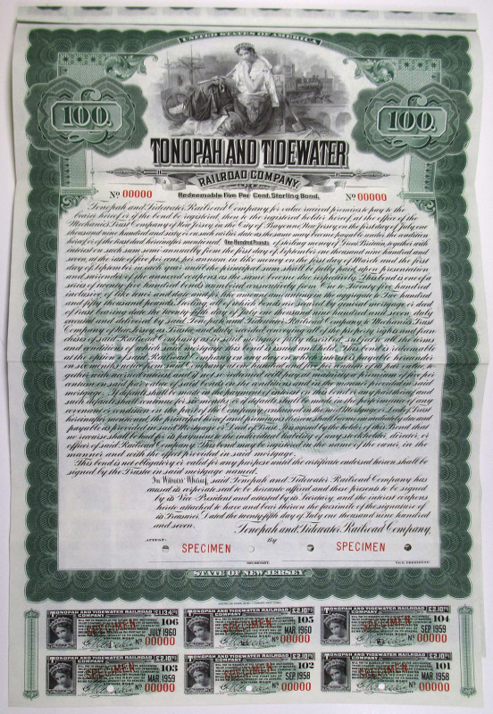 Tonopah and Tidewater Railroad Co. 1907 Specimen Bond
Nevada and California. (I...