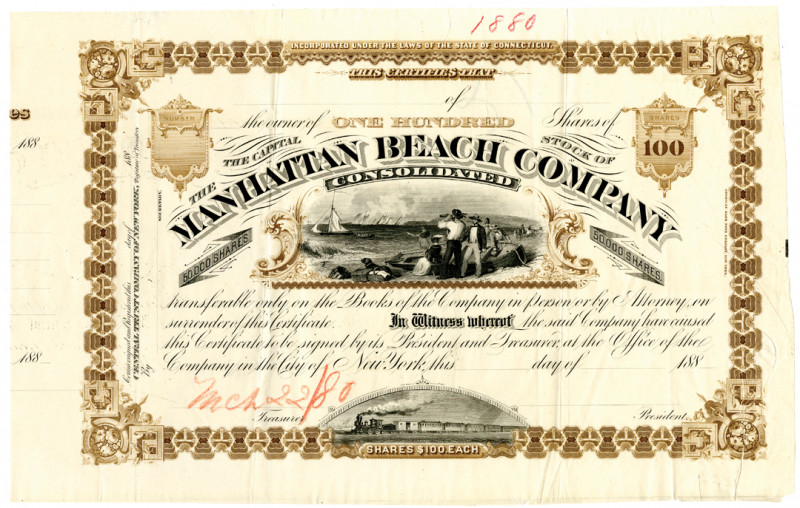 Manhattan Beach Co. Consolidated 1880 Unique Approval Proof Stock Certificate
N...