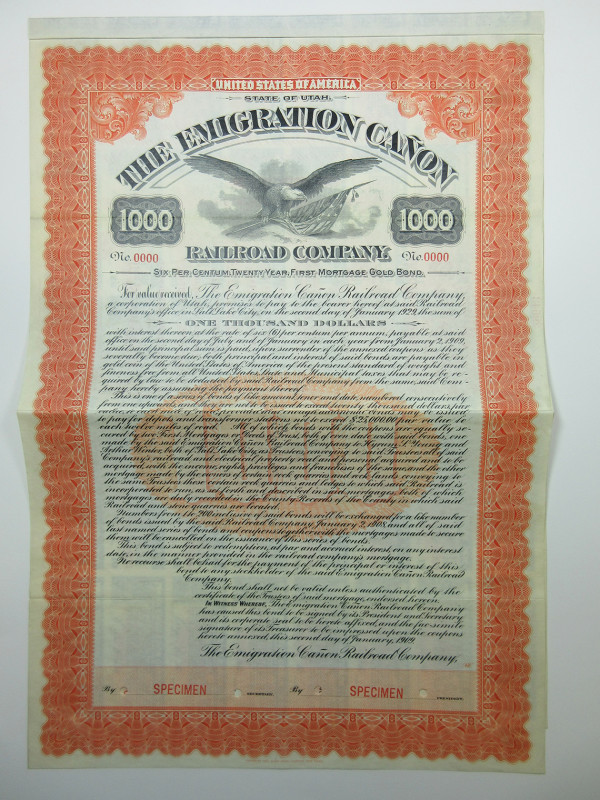 Emigration Canon Railroad Co. 1909 Specimen Bond.
Utah, 1909, $1000, Specimen, ...