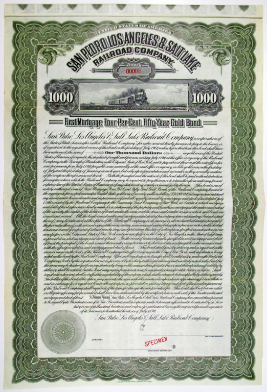 San Pedro, Los Angeles & Salt Lake Railroad Co. 1911 Specimen Bond
Utah.... 191...