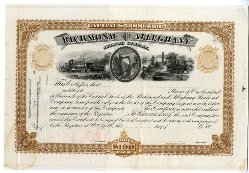 Richmond and Alleghany Railroad Co., ca.1880s Proof Stock Certificate Rarity.
R...