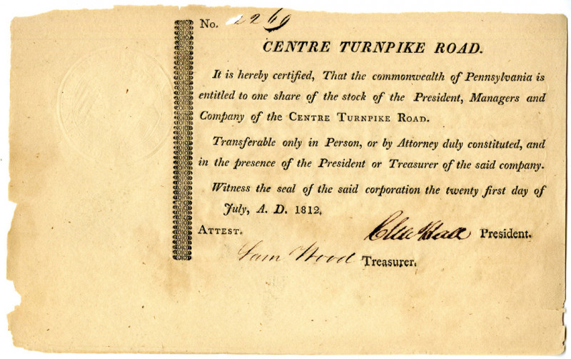 Centre Turnpike Road, 1812 Issued Stock Certificate
Pennsylvania, 1812. 1 Share...