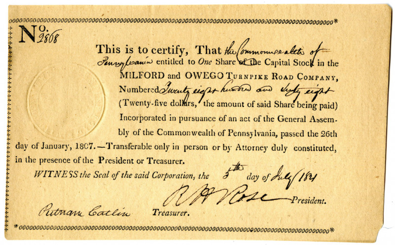 Milford and Owego Turnpike Road Co. 1840s Issued Stock Certificate
Pennsylvania...