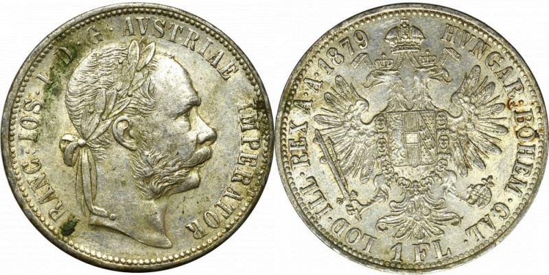 Austria, Franz Joseph, 1 florin 1879 Piękny, okołomenniczy egzemplarz w nierówno...