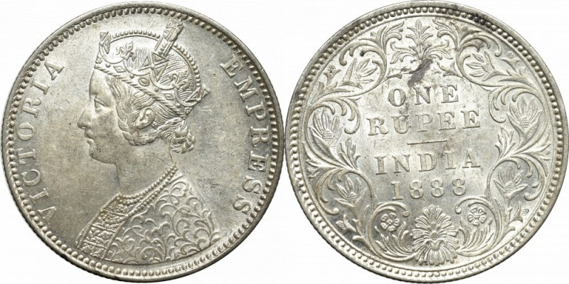 British India, 1 rupee 1888, Mumbay Ładny egzemplarz o pięknym detalu. Skazy w t...