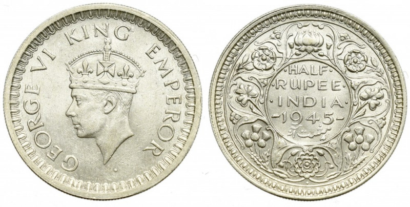 British India, 1/2 rupee 1945 Piękny, okołomenniczy egzemplarz. Bardzo dobrze za...