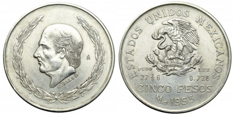 Mexico, 5 pesos 1953 Bardzo ładny egzemplarz wysokiego srebrnego nominału z meks...