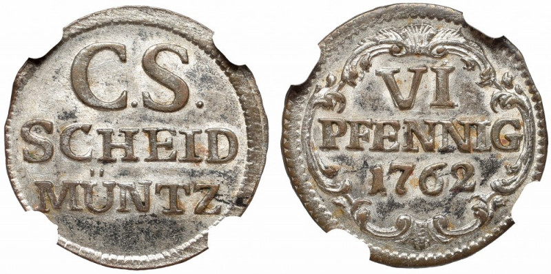 Germany, Saxony, Friedrich August II, 6 pfennig 1762 - NGC MS62 Piękny przykład ...