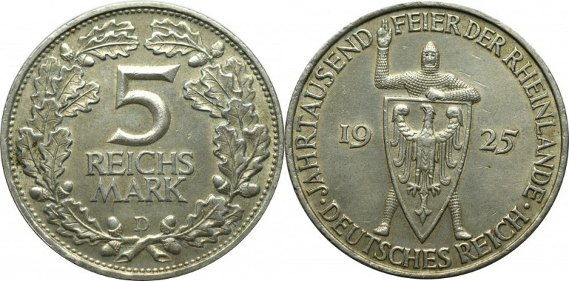 Germany, Weimar Republic, 5 mark 1925 D - Rheinland Okołomenniczy egzemplarz. Pa...