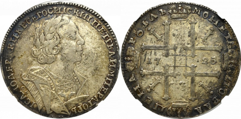 Russia, Peter the Great, Roubl 1725 - NGC VF Details Ładny obiegowy egzemplarz r...