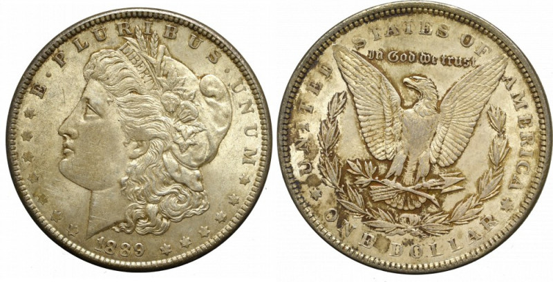 USA, Morgan Dollar 1889 Ładny egzemplarz w subtelnej obustronnej patynie. 
Grad...