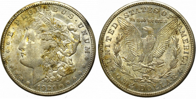 USA, Morgan Dollar 1921 S Bardzo ładny egzemplarz z dużą ilością zachowanego poł...