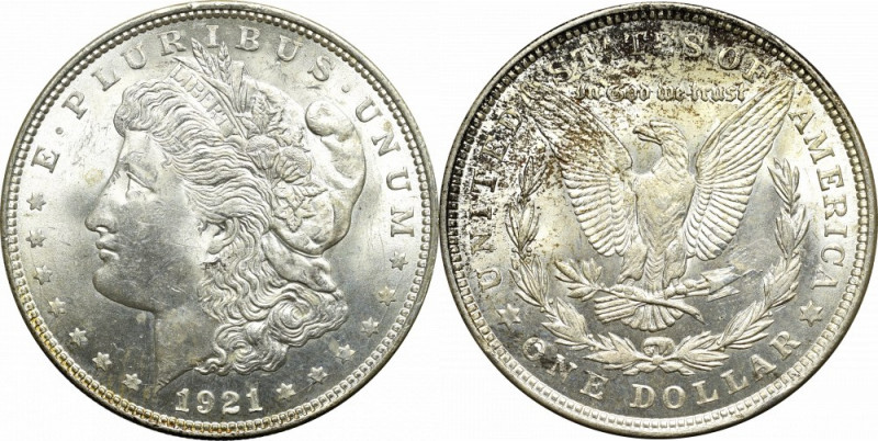 USA, Morgan dollar 1921 Piękny, okołomenniczy egzemplarz. Patyna. 
Grade: XF+/A...