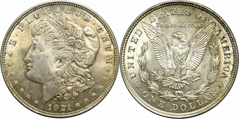 USA, Morgan dollar 1921 Bardzo łądny egzemplarz. Patyna. 
Grade: XF+ 

USA