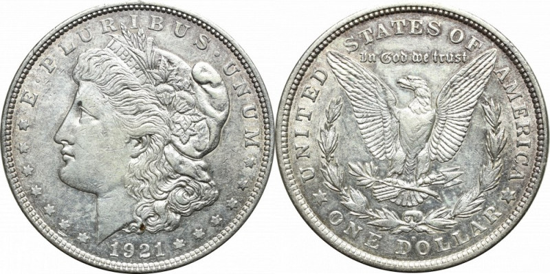 USA, Morgan dollar 1921 D Ładny egzemplarz z dobrze zachowanymi detalami. 
Grad...