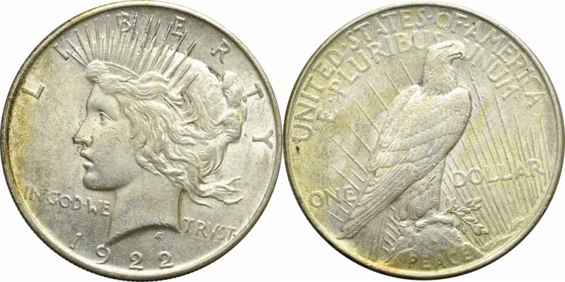 USA, 1 dollar 1922 'Peace dollar' Bardzo atrakcyjny egzemplarz w ładnej, natural...