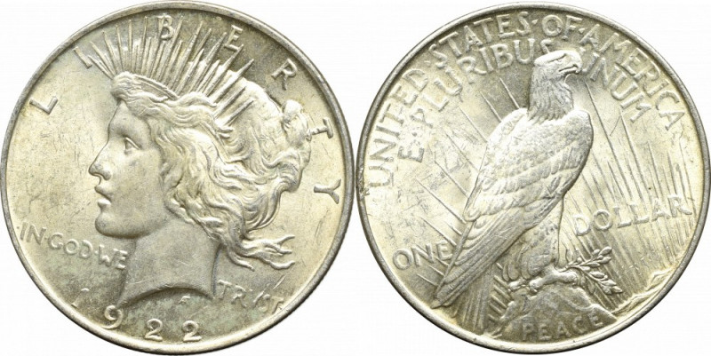 USA, 1 dollar 1922 'Peace dollar' Bardzo atrakcyjny egzemplarz w ładnej, natural...