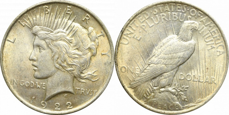 USA, 1 dollar 1922 'Peace dollar' Bardzo atrakcyjny egzemplarz w ładnej, natural...