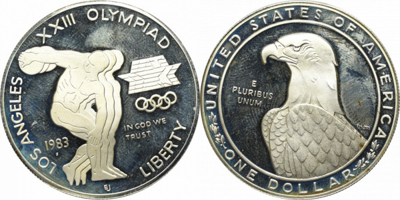 USA, Dolar 1983 - XXIII Igrzyska Olimpijskie Patyna, odciski palców. Srebro .900...