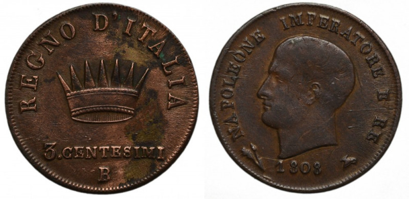 Italy under Napoleon, 3 centessimi 1808 Obiegowy egzemplarz rzadszego w handlu n...