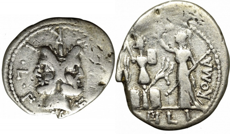 Roman Republic, Marcus Furius Philus, Denarius (119 BC) Ładny egzemplarz. Awers:...