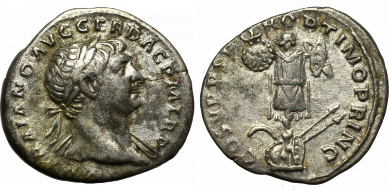 Roman Empire, Traian, Denarius Bardzo ładny egzemplarz. Awers : popiersie cesarz...