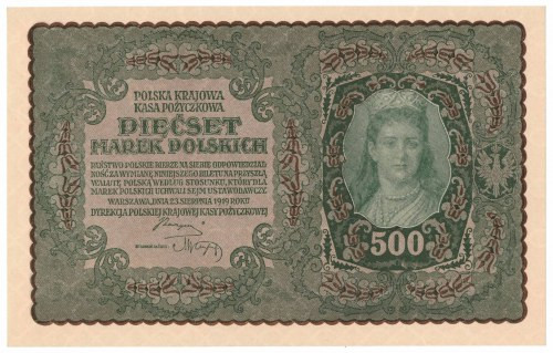 II RP, 500 marek polskich 1919 I SERJA BL Egzemplarz w stanie emisyjnym, zmarszc...