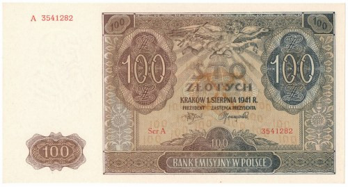 GG, 100 złotych 1941 A Wyśmienicie zachowany banknot w stanie emisyjnym.
Refere...