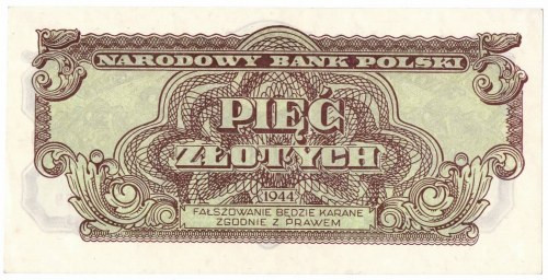 PRL, 5 złotych 1944 , '...obowiązkowe...' YA Banknot w przyjemnej wizualnie kond...