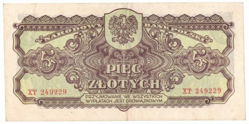 PRL, 5 złotych 1944 , '...obowiązkowym...' XT Banknot w przyjemnej wizualnie kon...