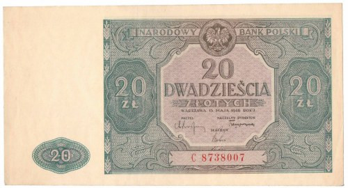 PRL, 20 złotych 1946 C Egzemplarz w stanie wizualnym niemal emisyjnym, minus za ...