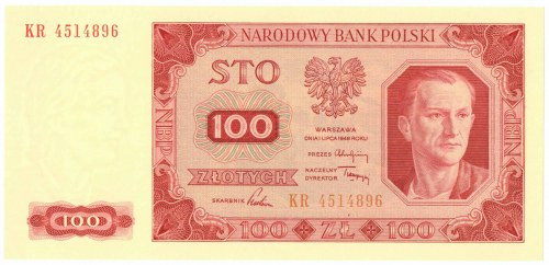 PRL, 100 złotych 1948 KR Egzemplarz w emisyjnym stanie zachowania. Banknot autor...