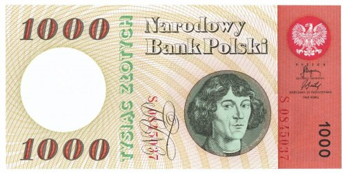 PRL, 1000 złotych 1965 S Wyśmienicie zachowany banknot o idealnej żywej koloryst...