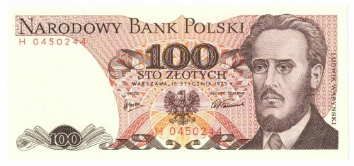 PRL, 100 złotych 1975 H Egzemplarz w emisyjnym stanie zachowania, niemal niedost...