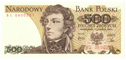 PRL, 500 złotych 1979 BL Egzemplarz w emisyjnym stanie zachowania. 
Grade: UNC