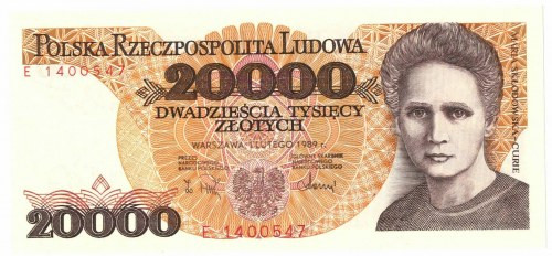 PRL, 20 000 złotych 1989 E Wyśmienicie zachowany banknot o idealnej żywej kolory...