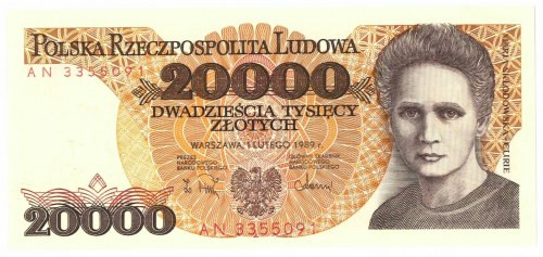 PRL, 20 000 złotych 1989 AN Wyśmienicie zachowany banknot o idealnej żywej kolor...