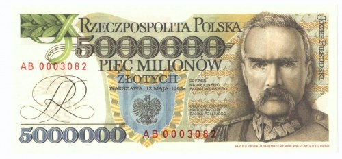 III RP, 5 mln 1995 AB Oficjalna replika banknotu nie wprowadzonego do obiegu.&nb...