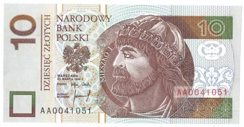 III RP, 10 złotych 1994 AA Banknot w emisyjnym stanie zachowania. 
Grade: UNC