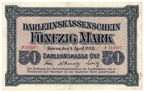 Kowno, 50 marek 1918 Banknot w obiegowym stanie zachowania. 
Grade: VF