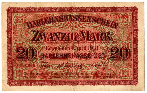 Kowno, 20 marek 1918 Banknot w obiegowym stanie zachowania. 
Grade: F+