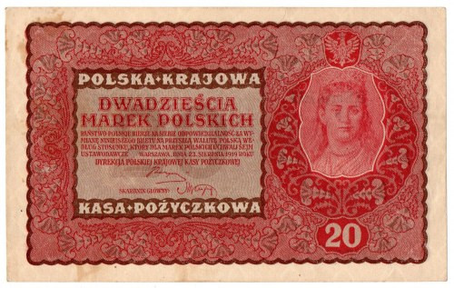 II Rzeczpospolita, 20 marek polskich 1919 II SERJA EH Banknot w okołoemisyjnym s...