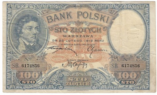 II RP, 100 złotych 28 lutego 1919 S.B. Obiegowy egzemplarz. Reference: Miłczak 5...