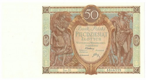 II RP, 50 złotych 1929 DI Banknot w emisyjnym stanie zachowania, minus za widocz...