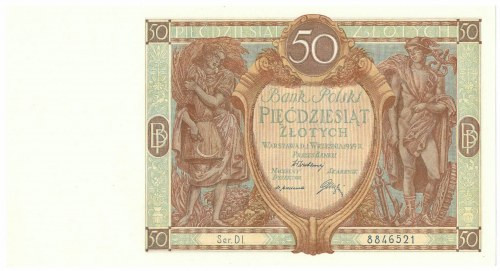 II RP, 50 złotych 1929 DI Banknot w emisyjnym stanie zachowania, minus za widocz...