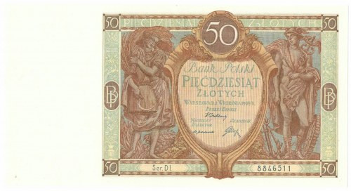 II RP, 50 złotych 1929 DI Banknot w emisyjnym stanie zachowania, minus za widocz...